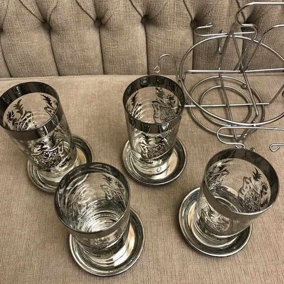 VTG Kimiko Guardian Knight Silver Cocktail Set Of 4 Glasses + Coasters Caddy. - Picture 9 of 10